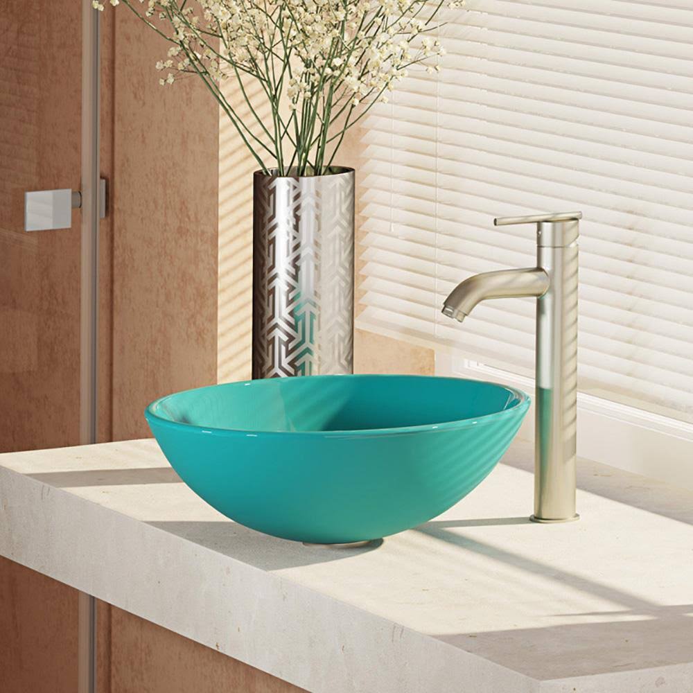 16-1/2x22 Glass Vessel Bathroom Sink with Vessel Faucet Cerulean Brushed A8945
