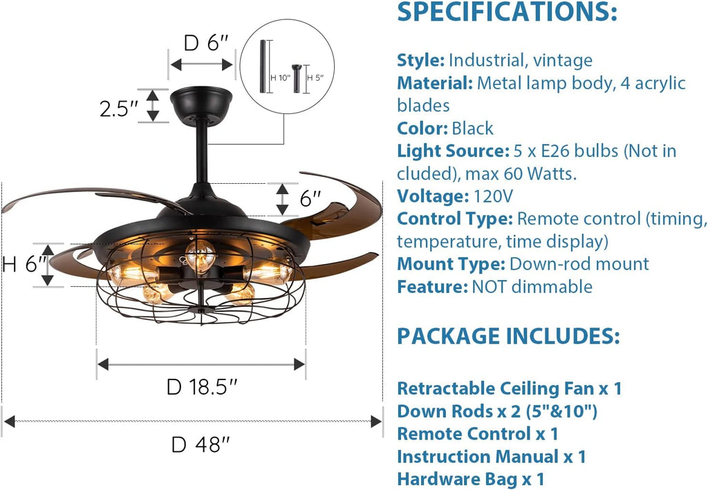 Industrial Ceiling Fan with Light Retractable Black Caged Chandelier 48 Inches F66965
