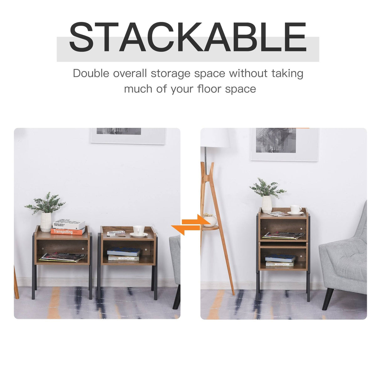 Industrial Set of 2 Stackable Side Tables with Solid Steel Frame Legs, Oak E1314
