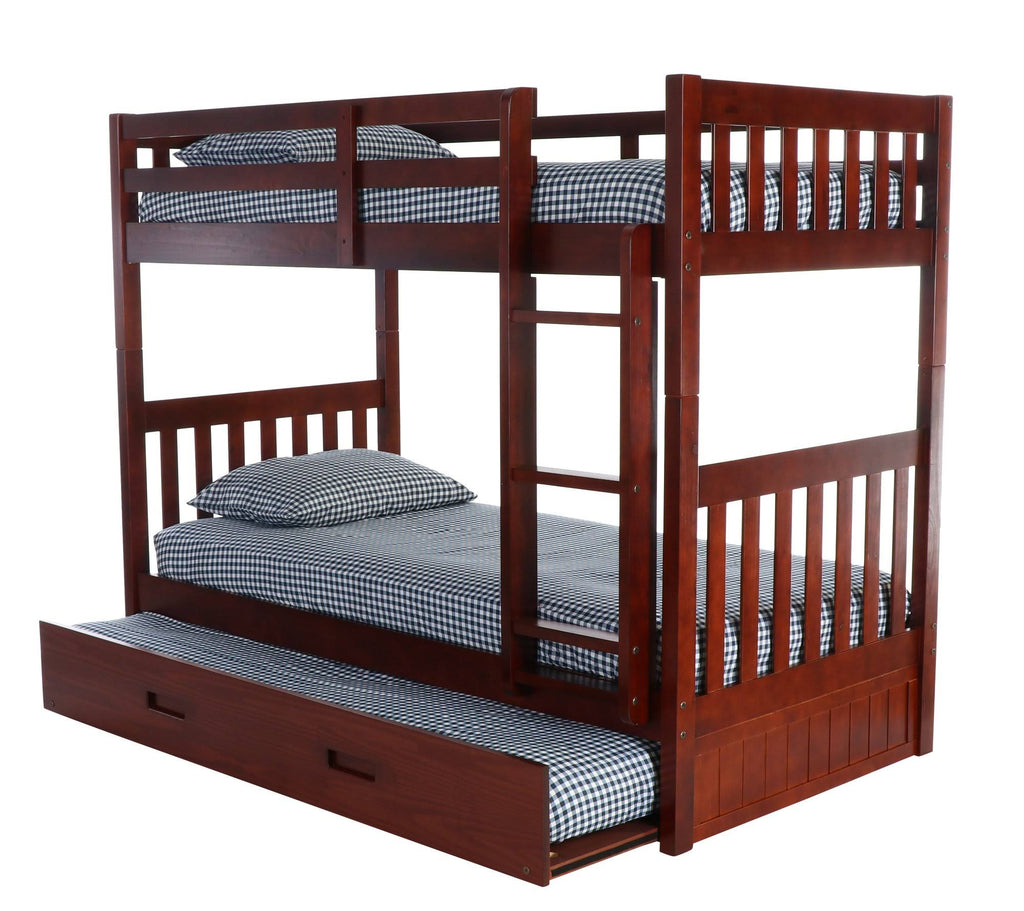Twin Over Twin Solid Wood Bunk Bed with Trundle in Merlot U134