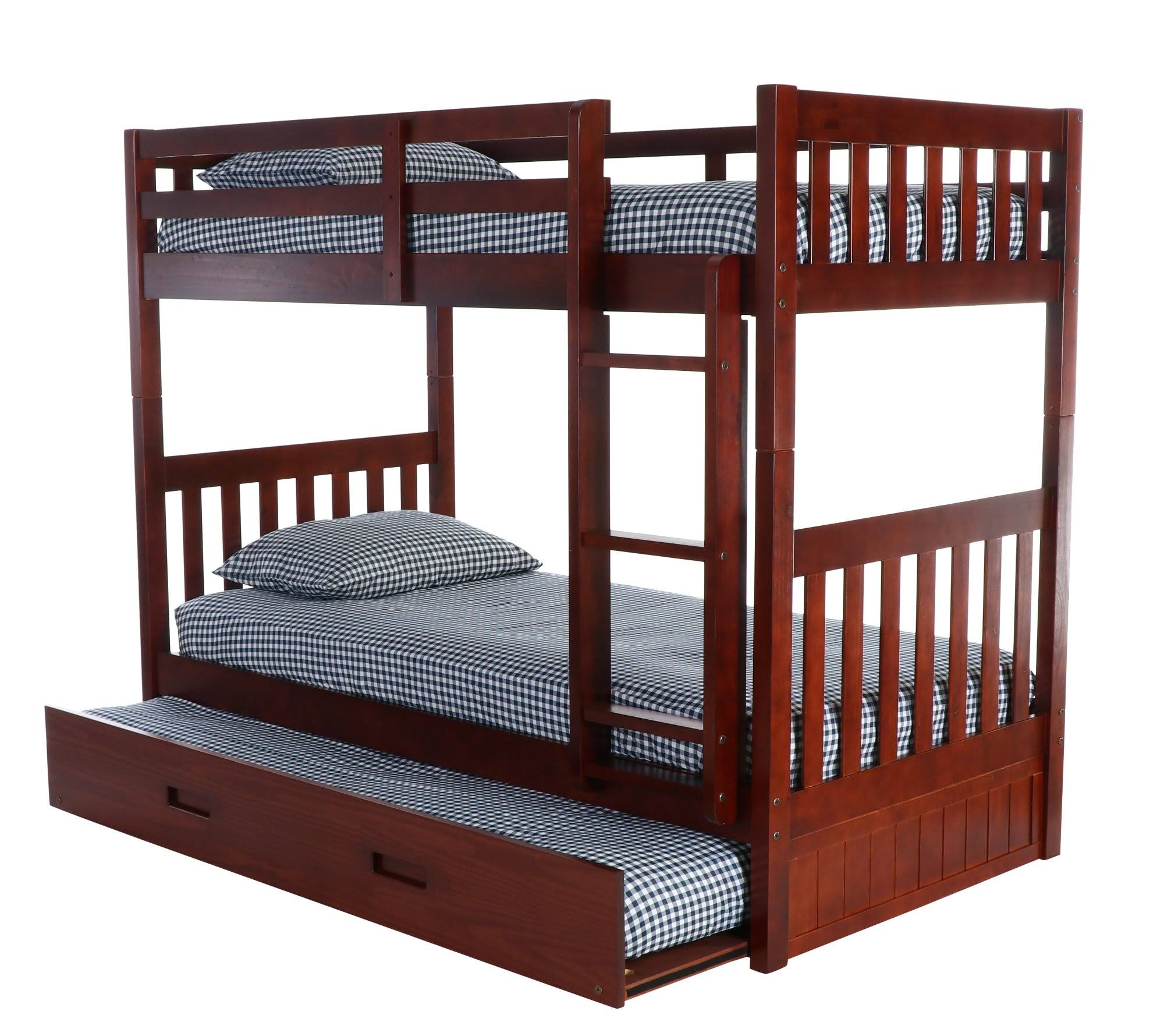 Twin Over Twin Solid Wood Bunk Bed with Trundle in Merlot U134