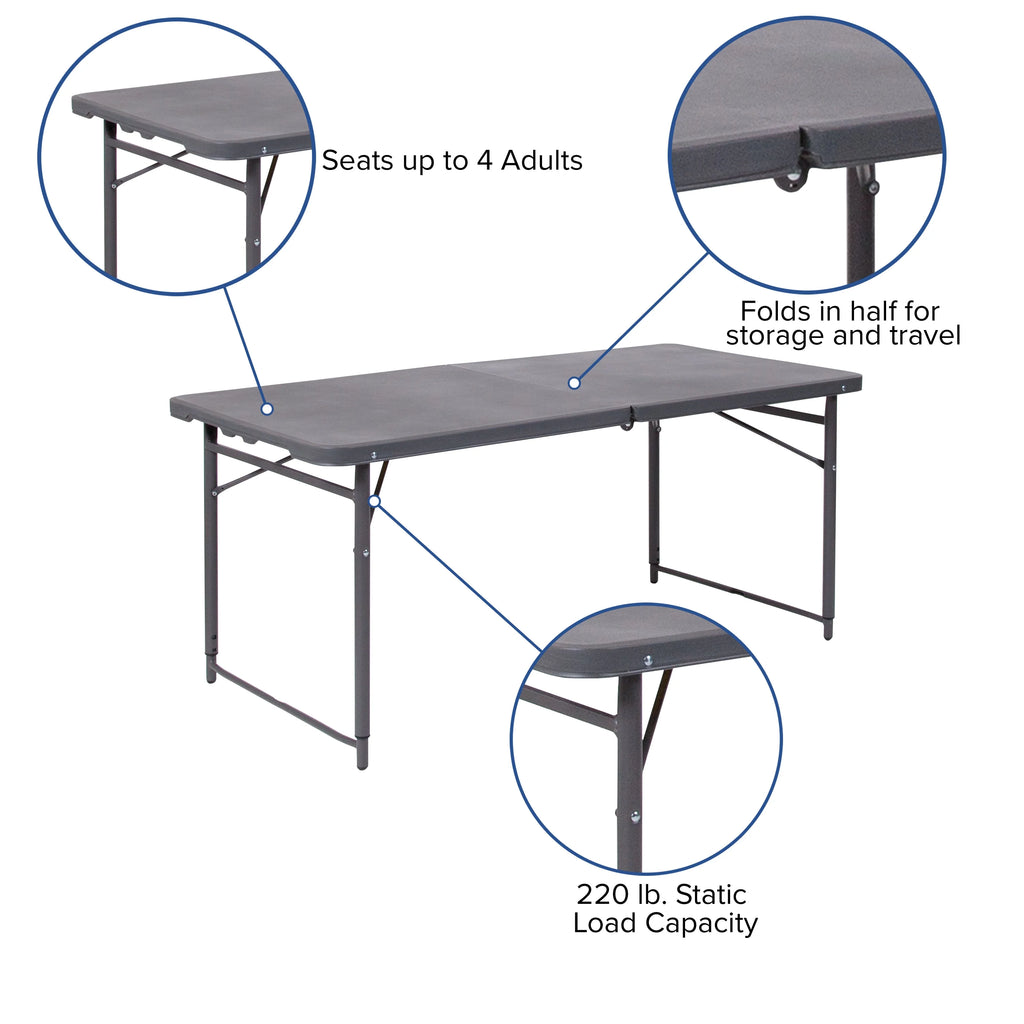 4-Foot Height Adjustable Dark Gray Plastic Folding Table with Carrying Handle E8367