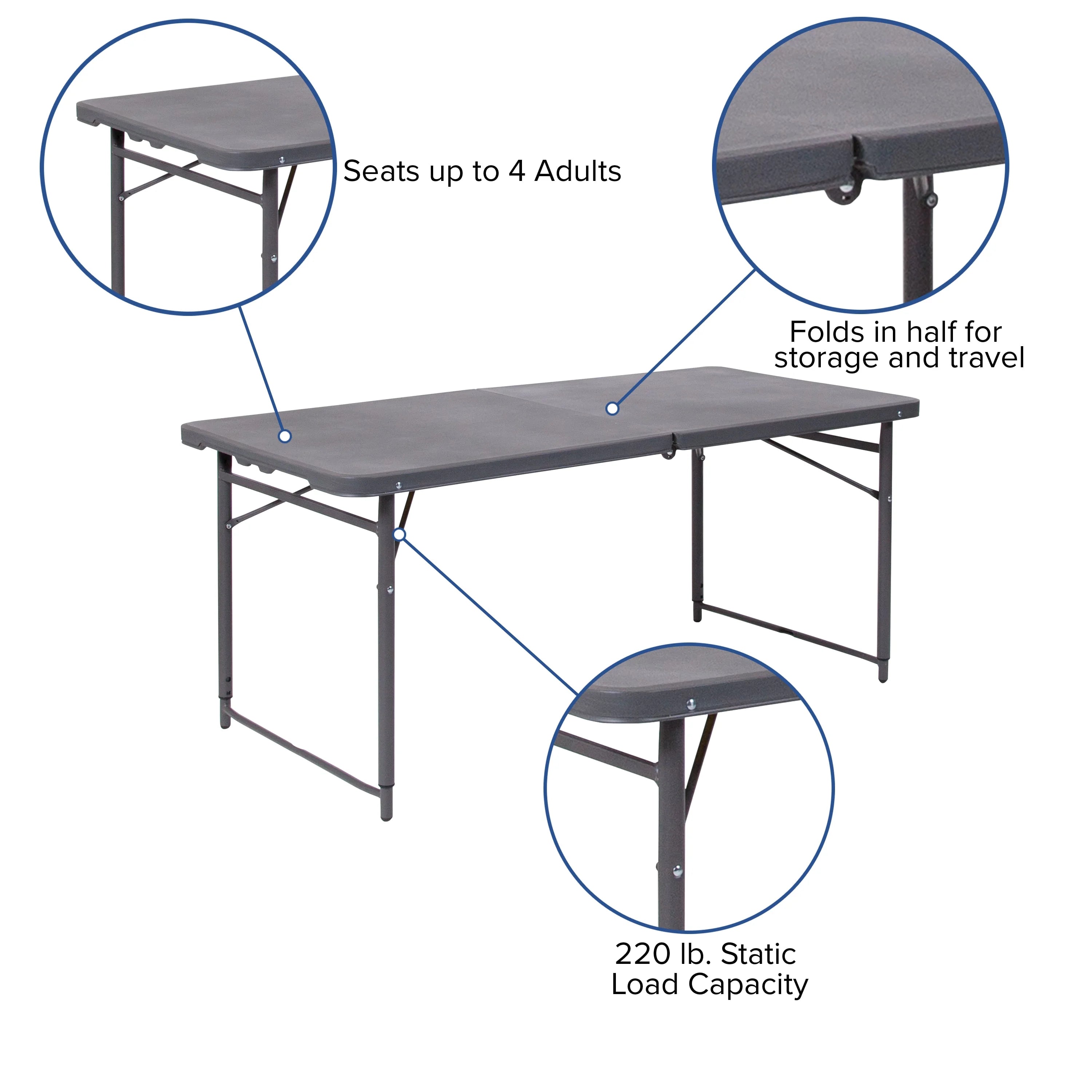 4-Foot Height Adjustable Dark Gray Plastic Folding Table with Carrying Handle E8367