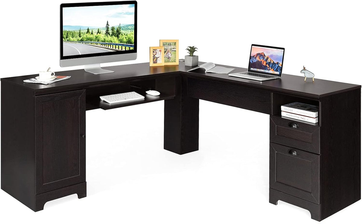 Brown L-Shaped Corner Computer Desk with Drawers and Storage Cabinet I45144