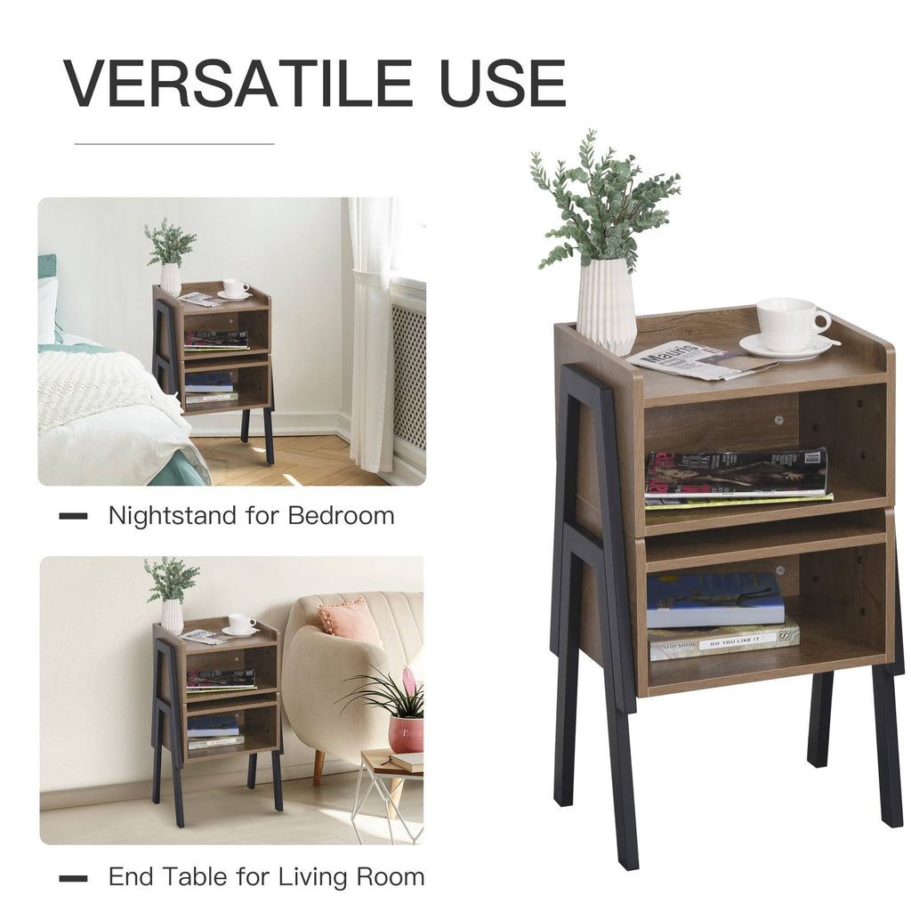 Industrial Set of 2 Stackable Side Tables with Solid Steel Frame Legs, Oak E1314