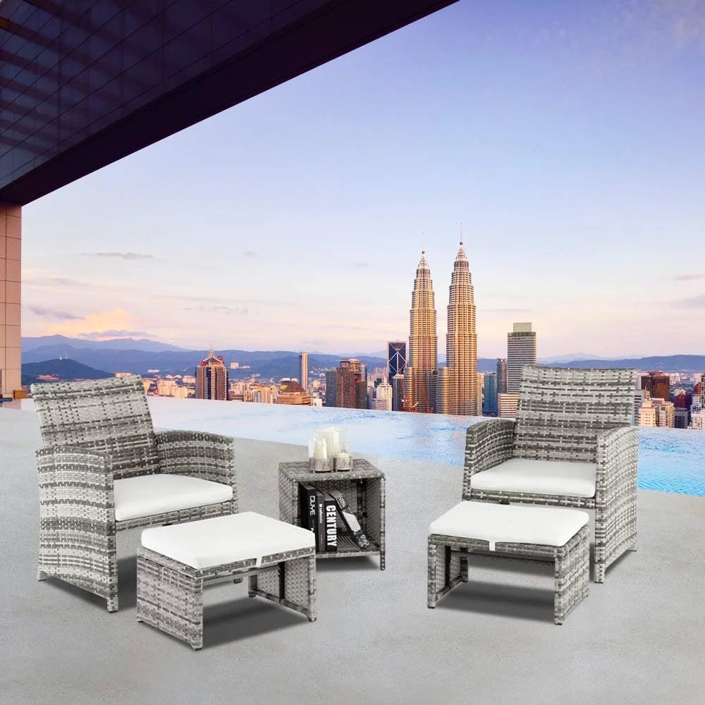 5 PCS Wicker Patio Rattan Cushioned Sofas with Ottoman & Table A845