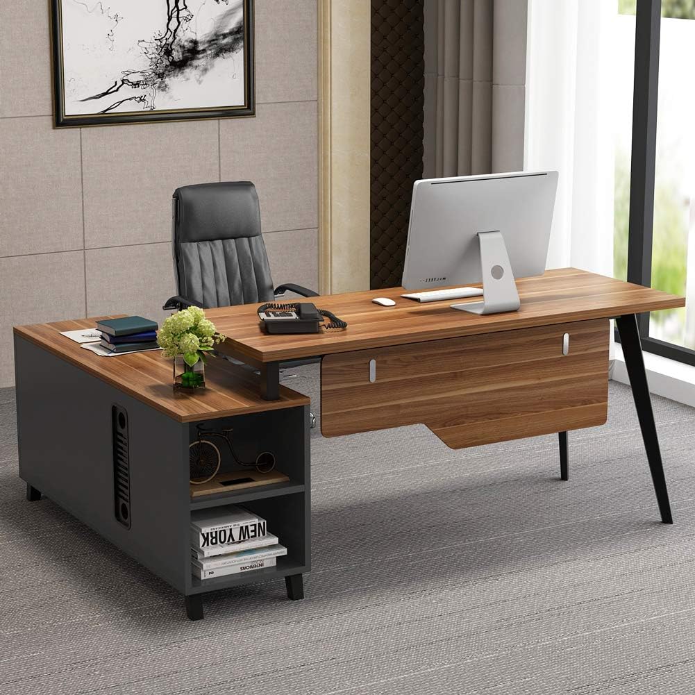Dark Walnut L-Shaped Desk with Storage Shelves and File Cabinet Combo B35439