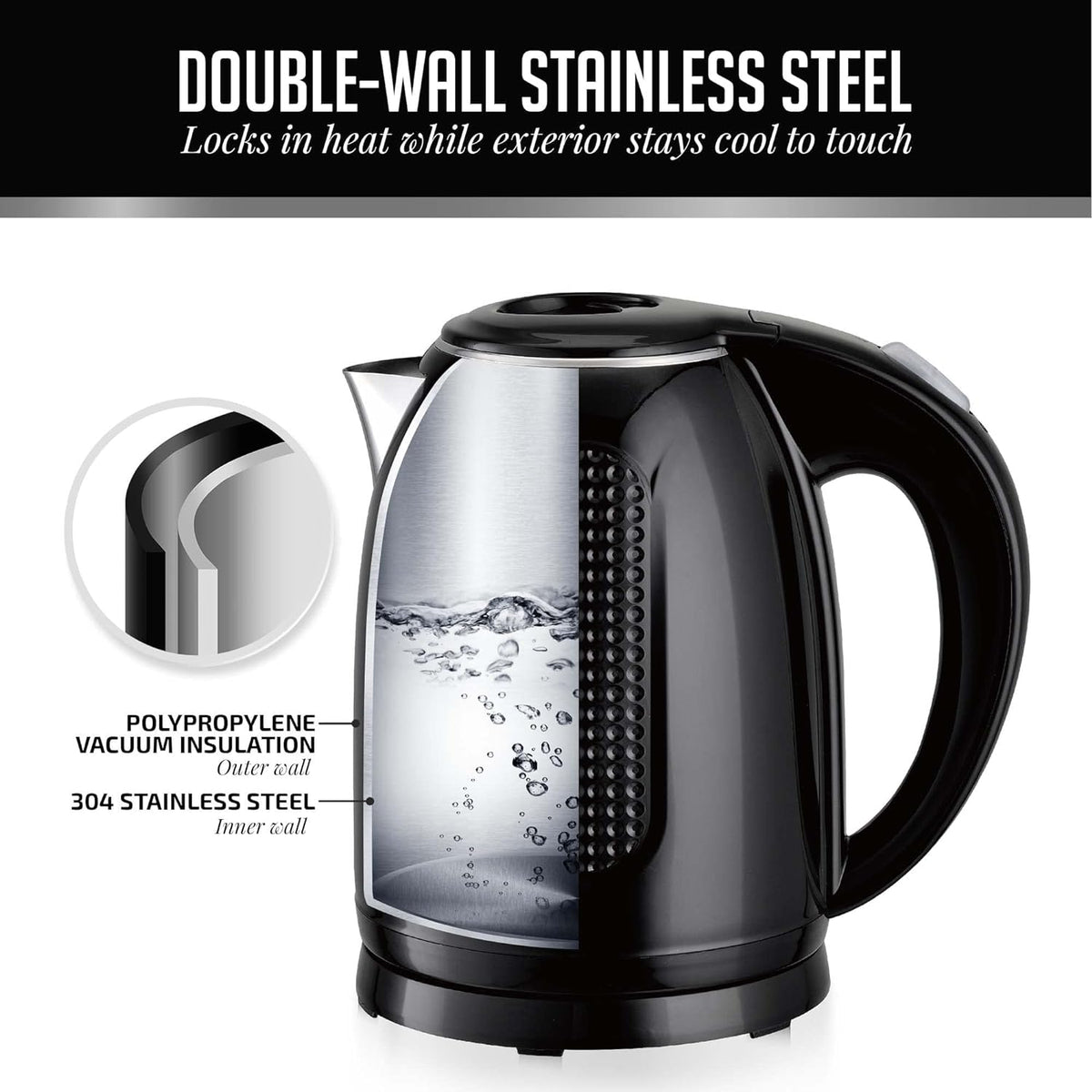 Portable Electric Kettle 1.7 Liter Double Wall Stainless Steel Black L3042