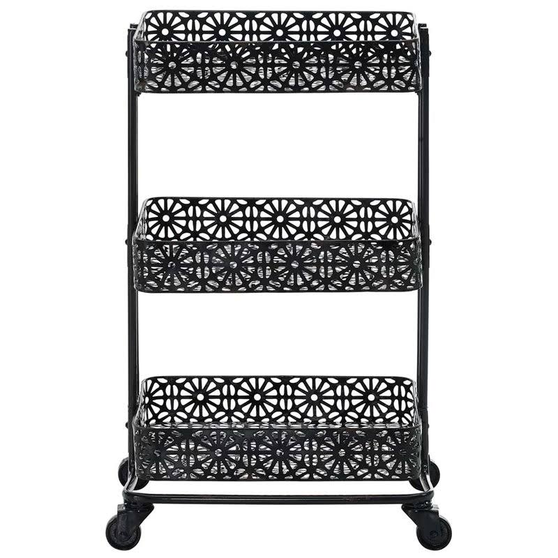 3 Tier Metal Serving Cart in Distressed Glossy Black I8635