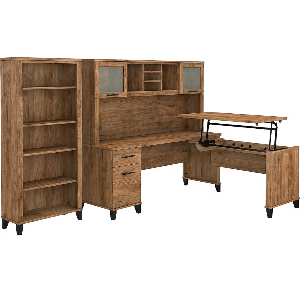 Fresh Walnut Sit to Stand L Desk Set with Bookcase H1228