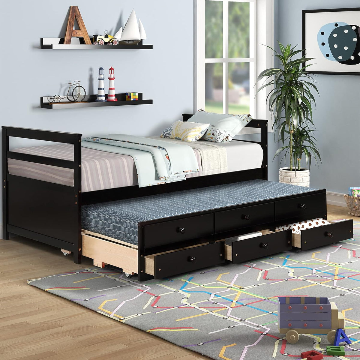 Twin Wood Platform Daybed Frame with Trundle and 3 Storage Drawers H930