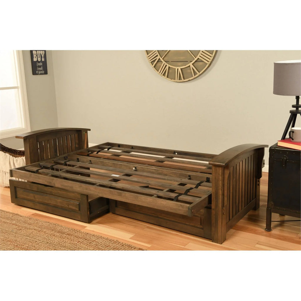 Walnut Futon with Drawers and Suede Peat Mattress K27387