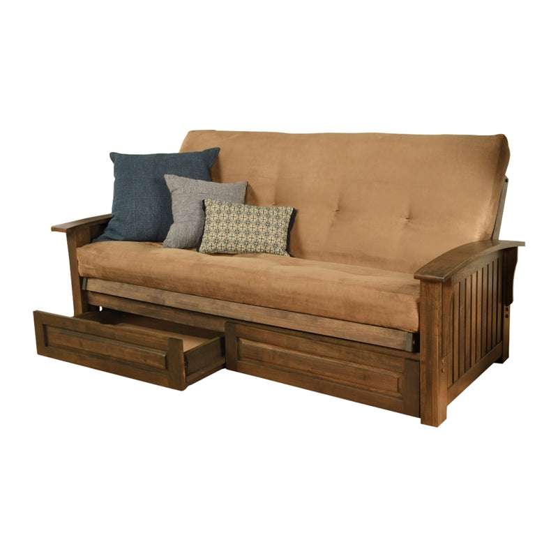 Walnut Futon with Drawers and Suede Peat Mattress K27387