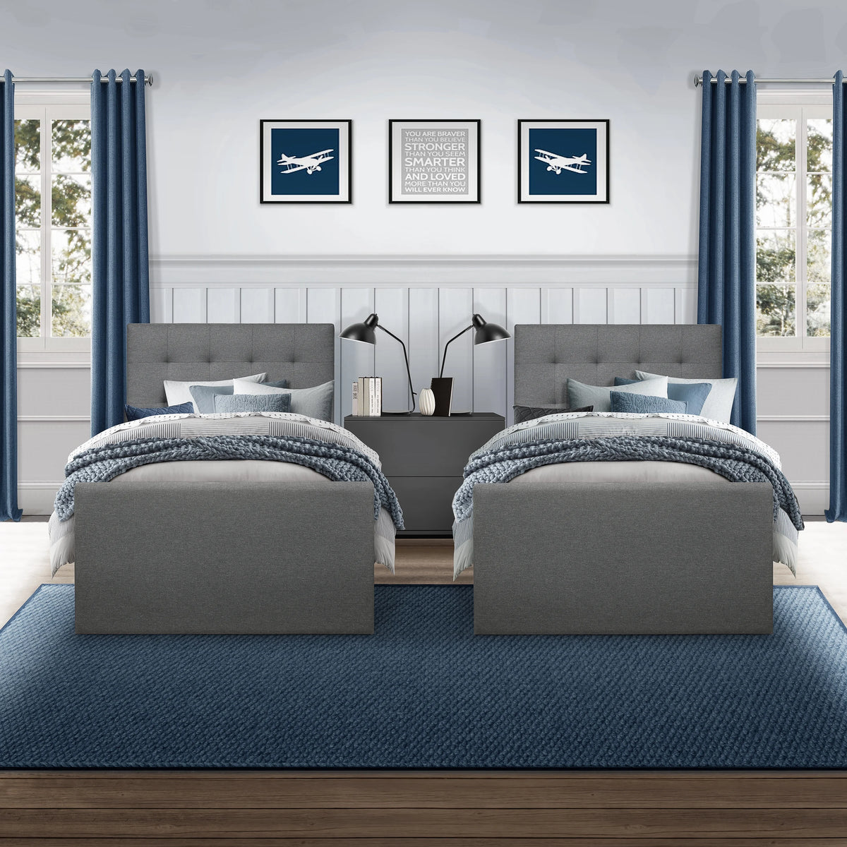 Gray Upholstered Twin Platform Bed with 2 Storage Drawers B6361