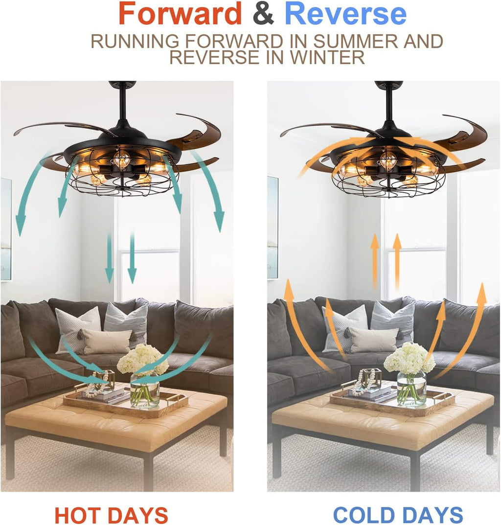 Industrial Ceiling Fan with Light Retractable Black Caged Chandelier 48 Inches F66965