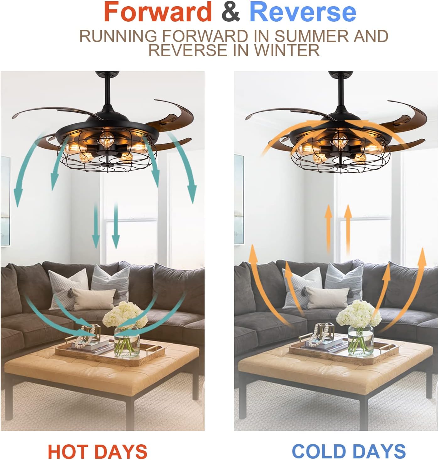 Industrial Ceiling Fan with Light Retractable Black Caged Chandelier 48 Inches F66965