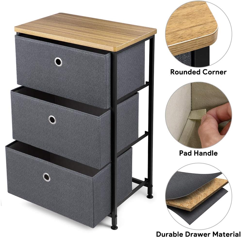 28" Vertical Dresser with 3 Drawers Fabric Nightstand with Steel Frame and Wood Top C6912