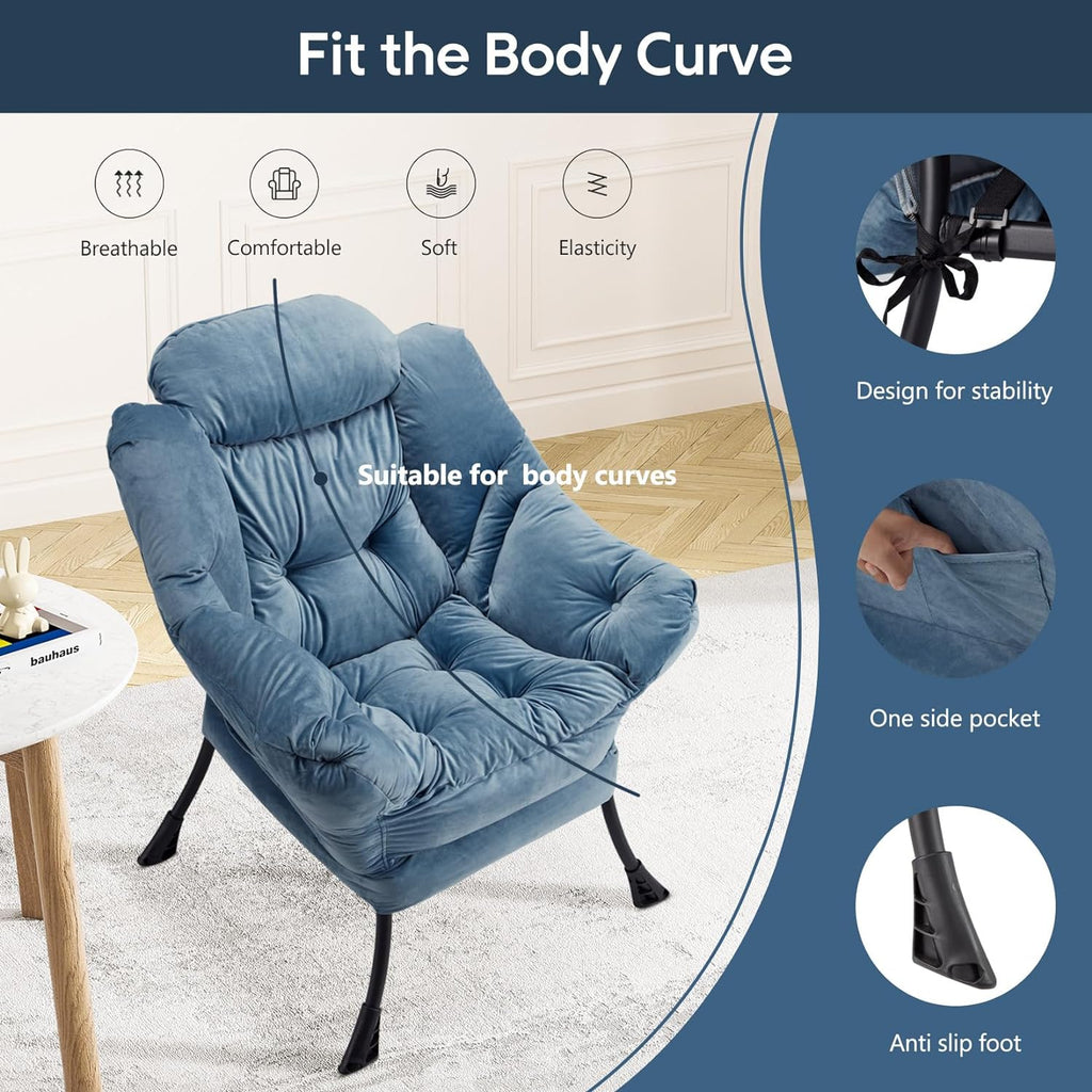 Blue Velvet Lounge Chair with Steel Frame and Side Pocket J4874
