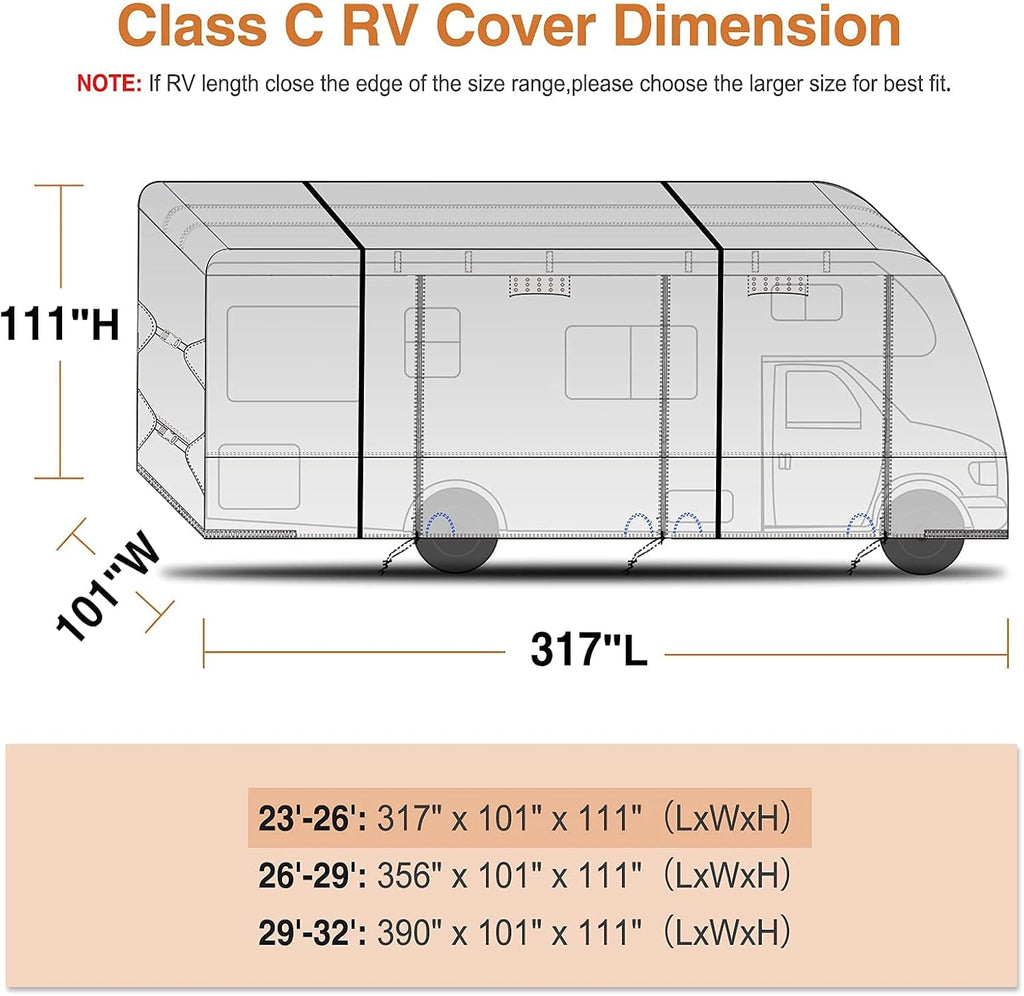 Rip-Stop 210D Class C RV Cover Windproof Waterproof Camper Cover with 2Pcs Extra Long Straps & Gutter Covers Z607