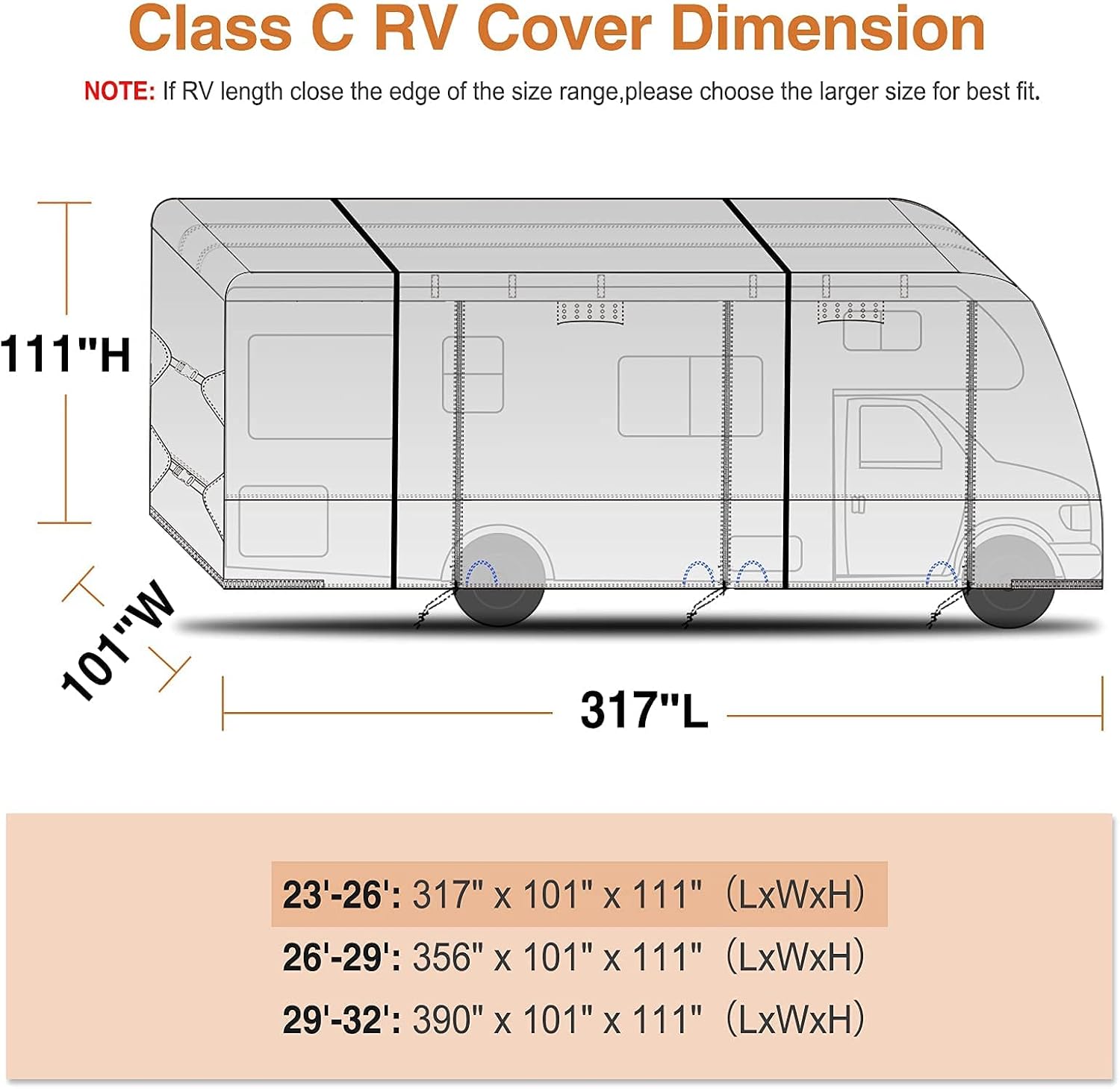 Rip-Stop 210D Class C RV Cover Windproof Waterproof Camper Cover with 2Pcs Extra Long Straps & Gutter Covers Z607