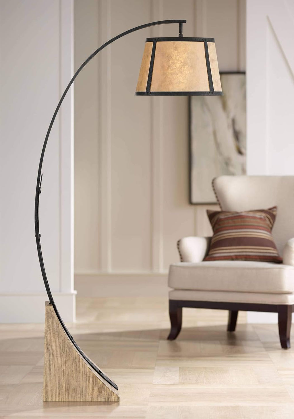 Tall Arched Floor Lamp Dark Gray Black Wood Mica Drum Shade E185
