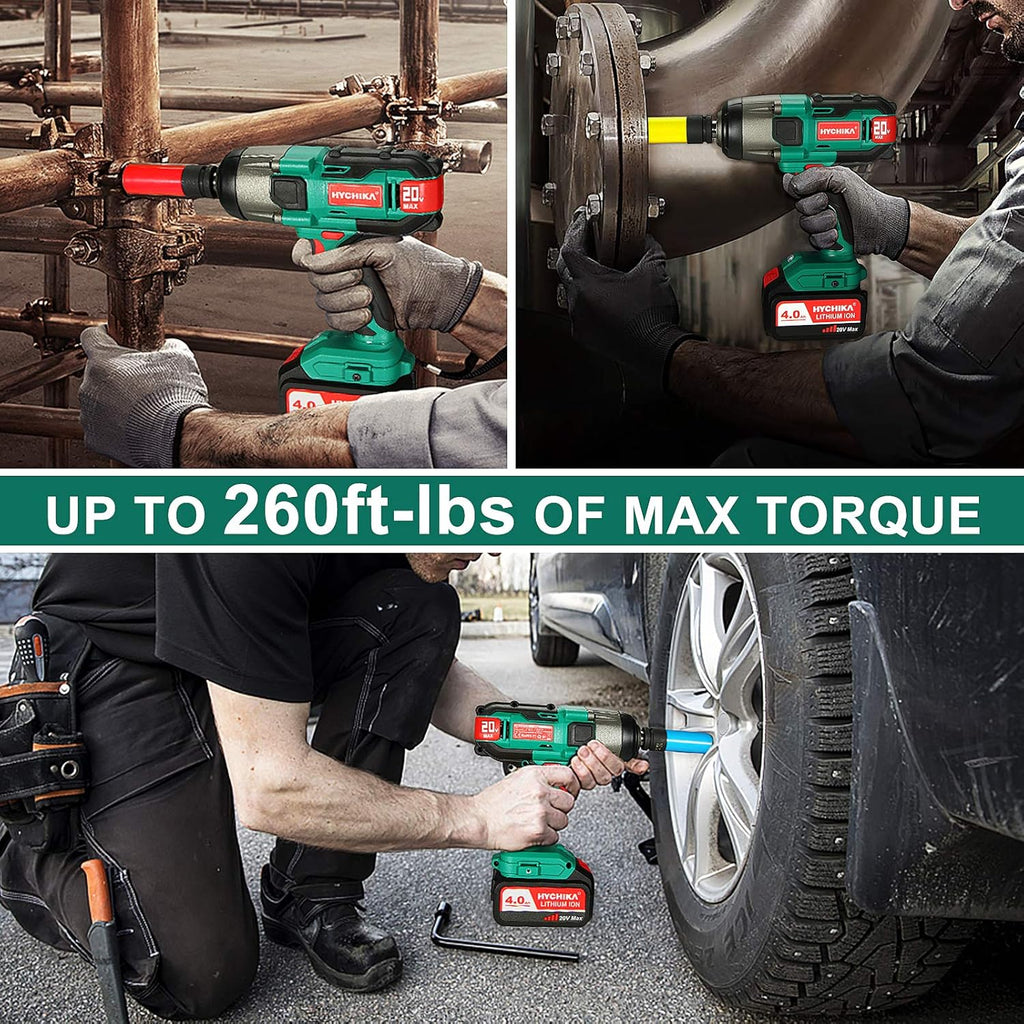 Cordless Impact Wrench 20V Max, 260 Ft-lbs Max Torque, 1/2 Metal Chuck, 4.0 AH Battery, LED Light, 3 Pcs Sockets, Carrying Case M2952