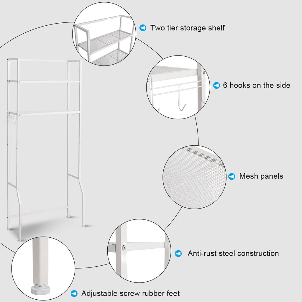 Over-the-Toilet Storage Bathroom Shelf with 2 Tier Rack - Oak Finish - White E486