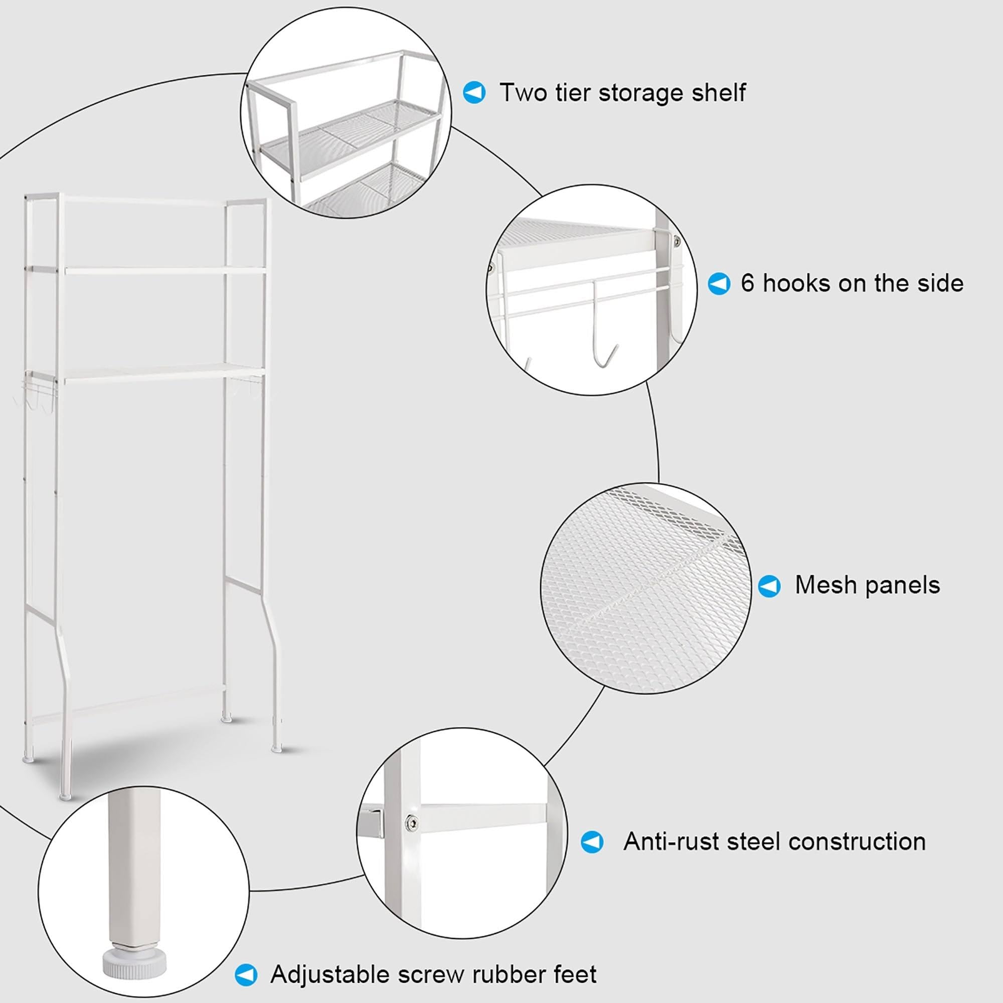 Over-the-Toilet Storage Bathroom Shelf with 2 Tier Rack - Oak Finish - White E486