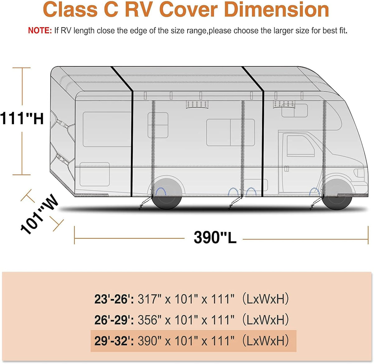 Rip-Stop 210D Class C RV Cover Windproof Waterproof Camper Cover with 2Pcs Extra Long Straps & Gutter Covers Z607