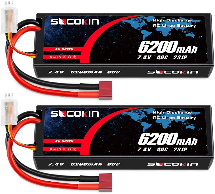 2 Pack 7.4V 2S 6200mAh 80C Hard Case Lipo Battery with Deans T F218