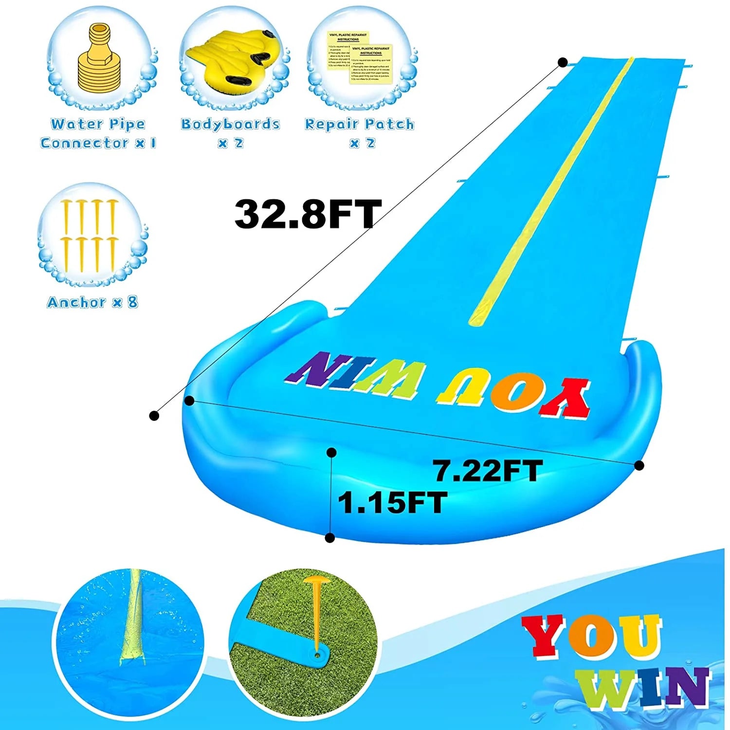 32.8FT Inflatable Water Slide with 2 Bodyboards & 2 Racing Lanes O896