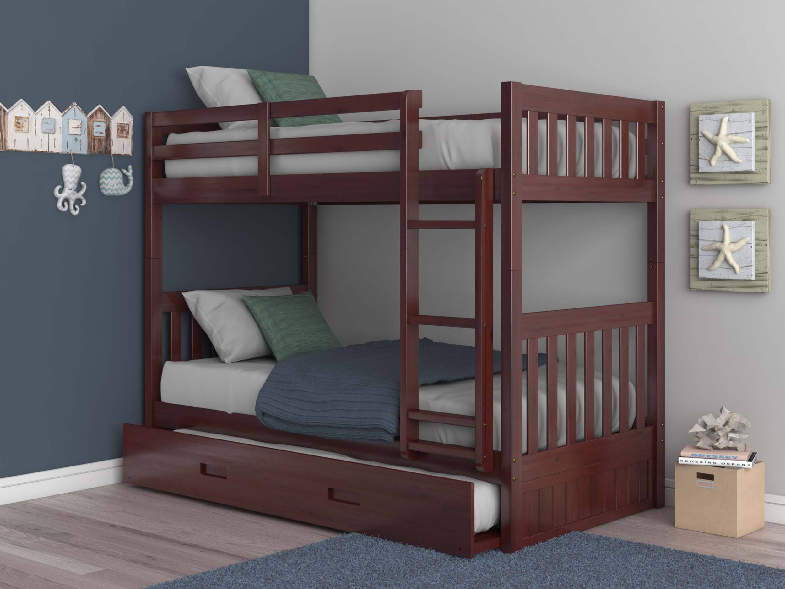 Twin Over Twin Solid Wood Bunk Bed with Trundle in Merlot U134