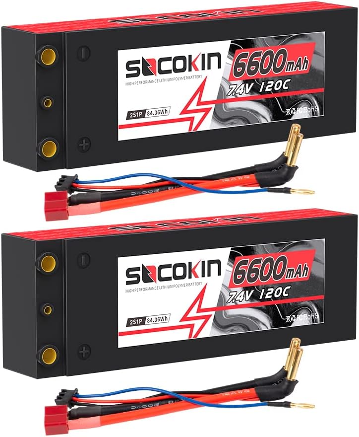 2 Pack 7.4V 2S 6200mAh 80C Hard Case Lipo Battery with Deans T F218