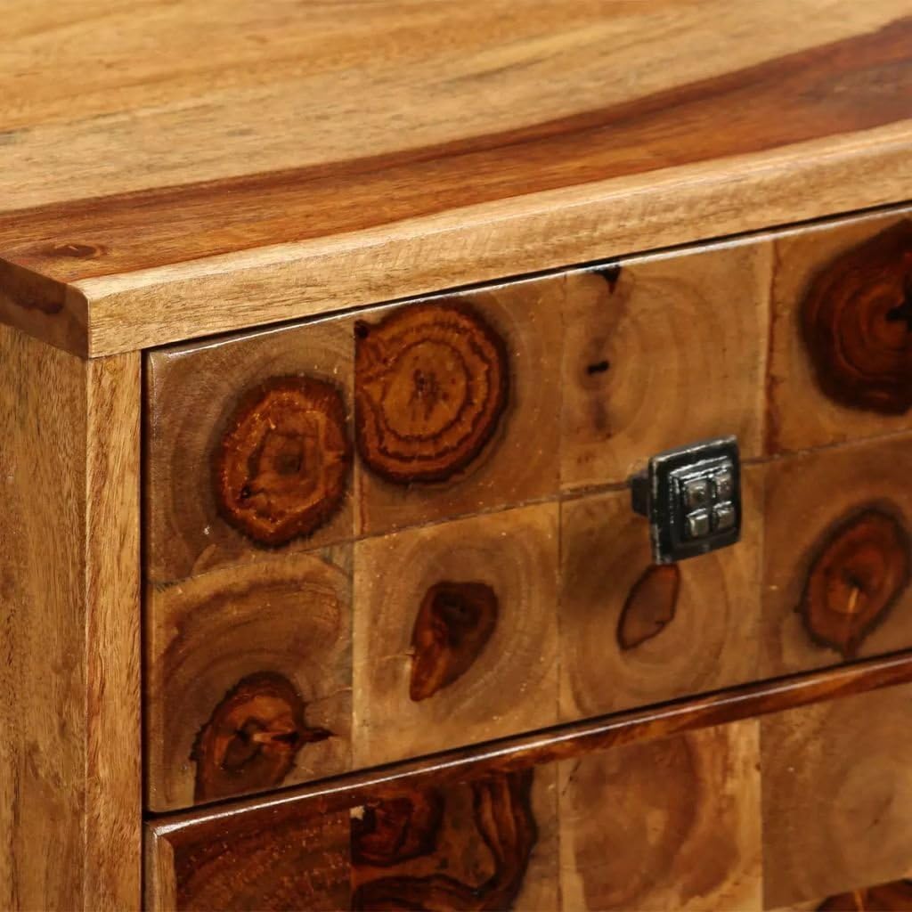 Solid Sheesham Wood Nightstand with Iron Legs and Storage Drawer Q29356