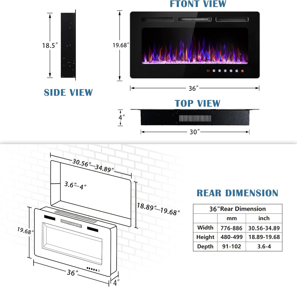 36 Inch Electric Fireplace Insert with Remote Control K3266