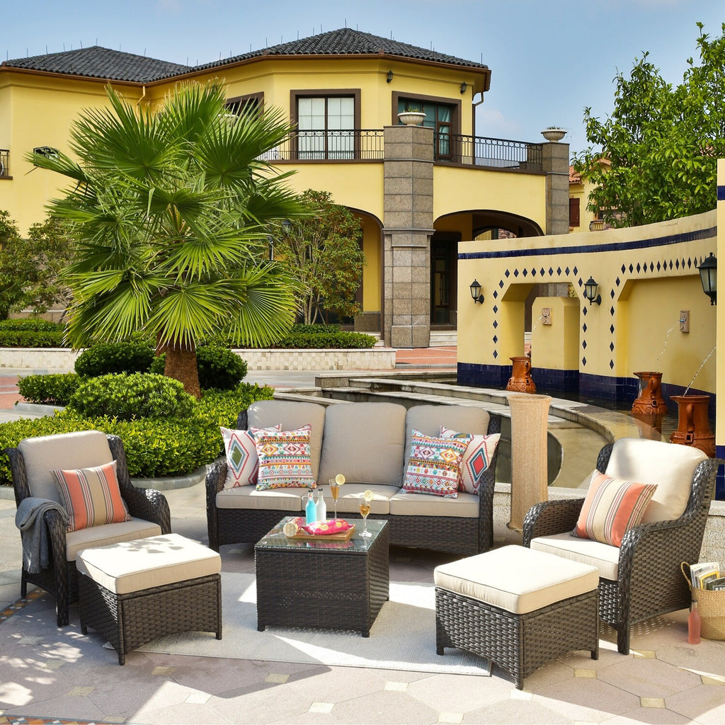 Beige 6-piece Wicker Sectional Set with Table I978