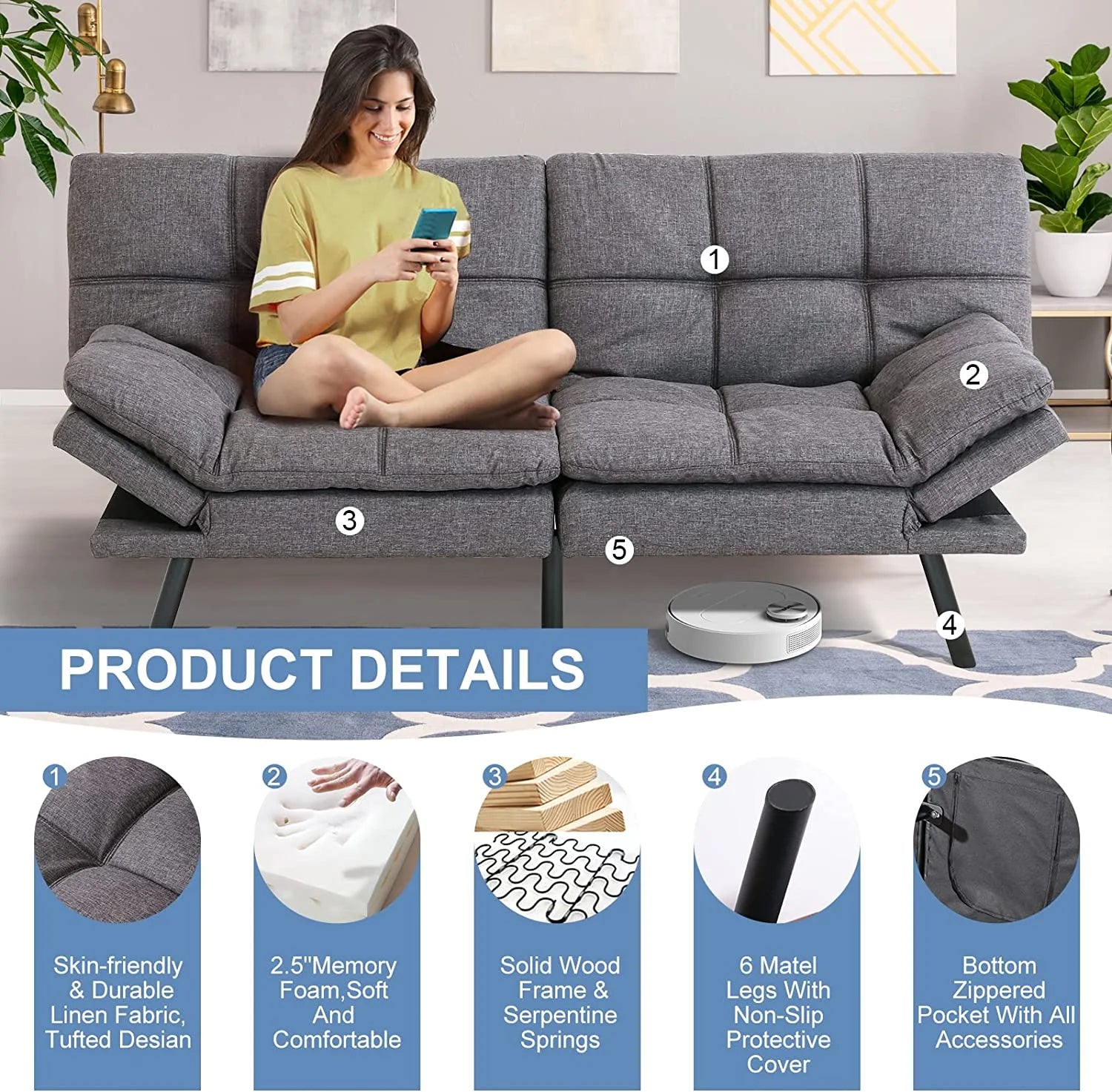 Memory Foam Futon Sofa Bed with Removable Armrests S781
