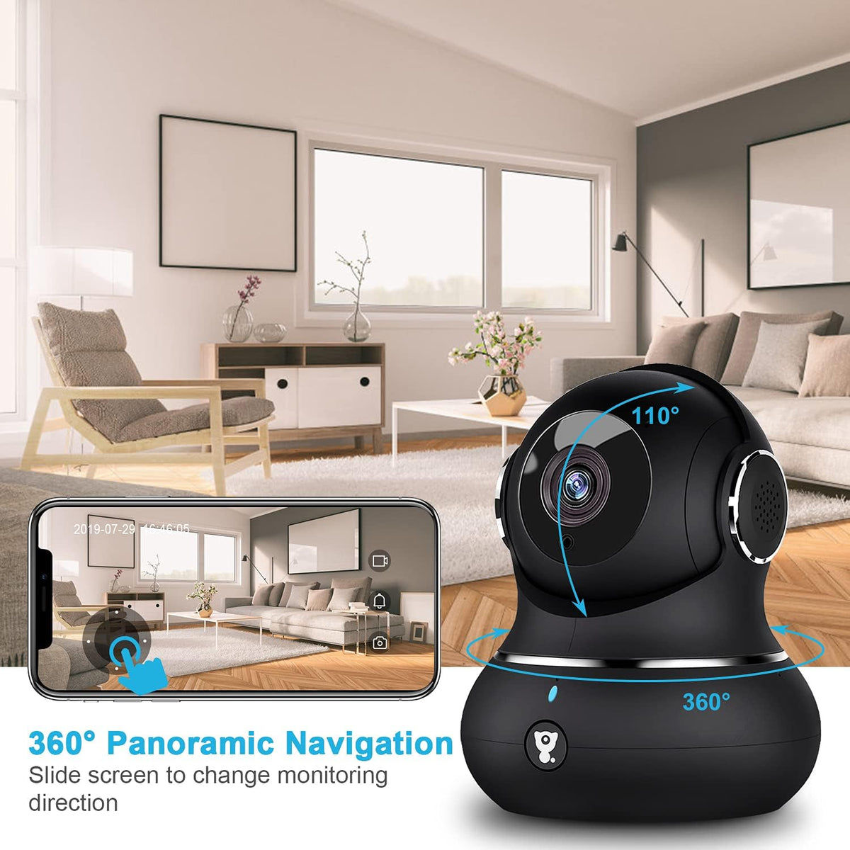 Indoor Security Camera, 1080P WiFi Camera with Motion Detection, Night Vision, 2-Way Audio, 360 Degree Black Y568898