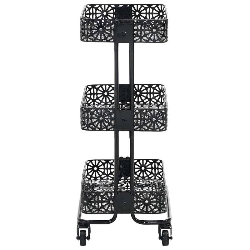 3 Tier Metal Serving Cart in Distressed Glossy Black I8635
