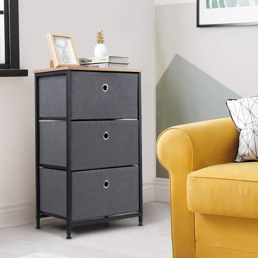 28" Vertical Dresser with 3 Drawers Fabric Nightstand with Steel Frame and Wood Top C6912