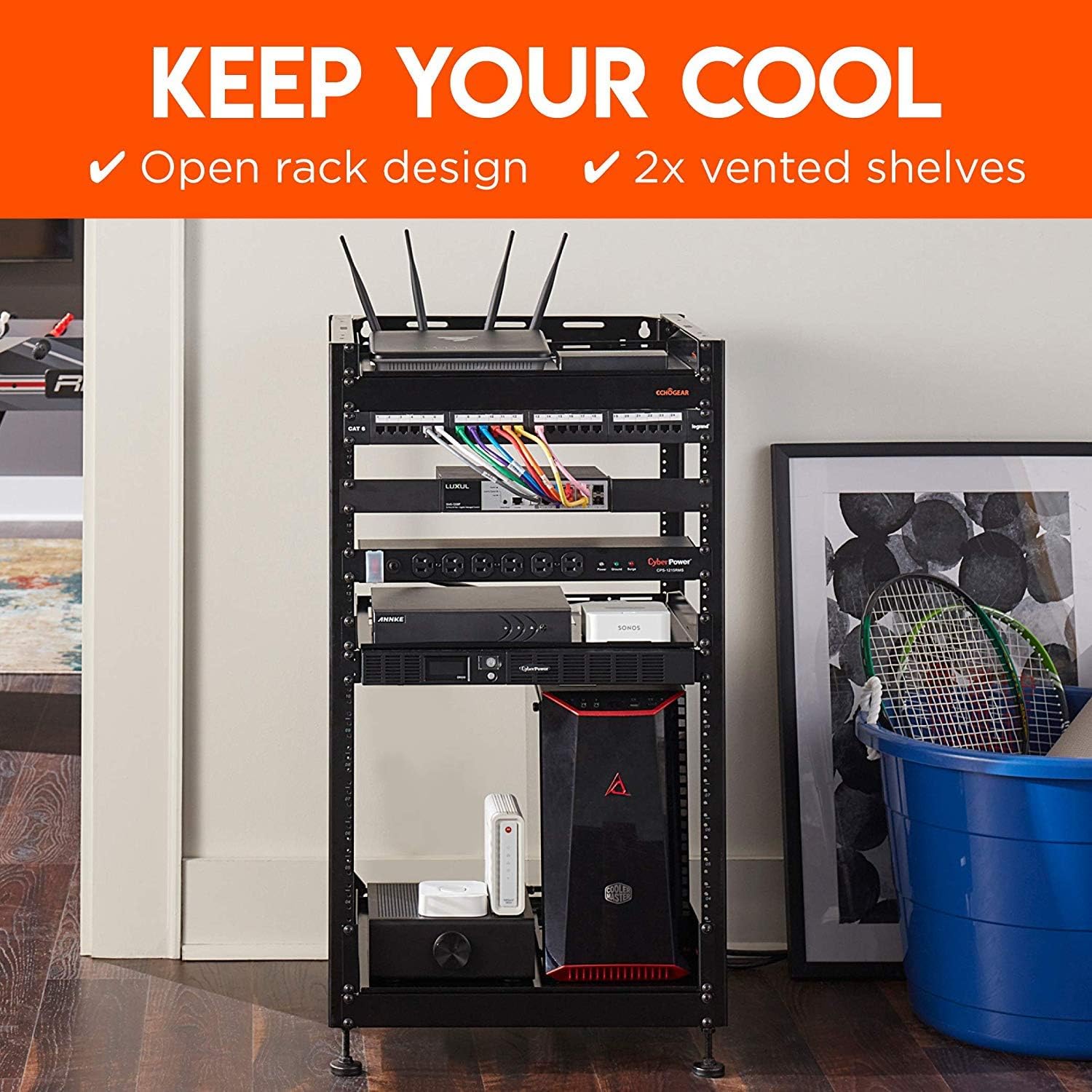 15U Open Frame 4 Post Rack with 2 Vented Shelves E34981