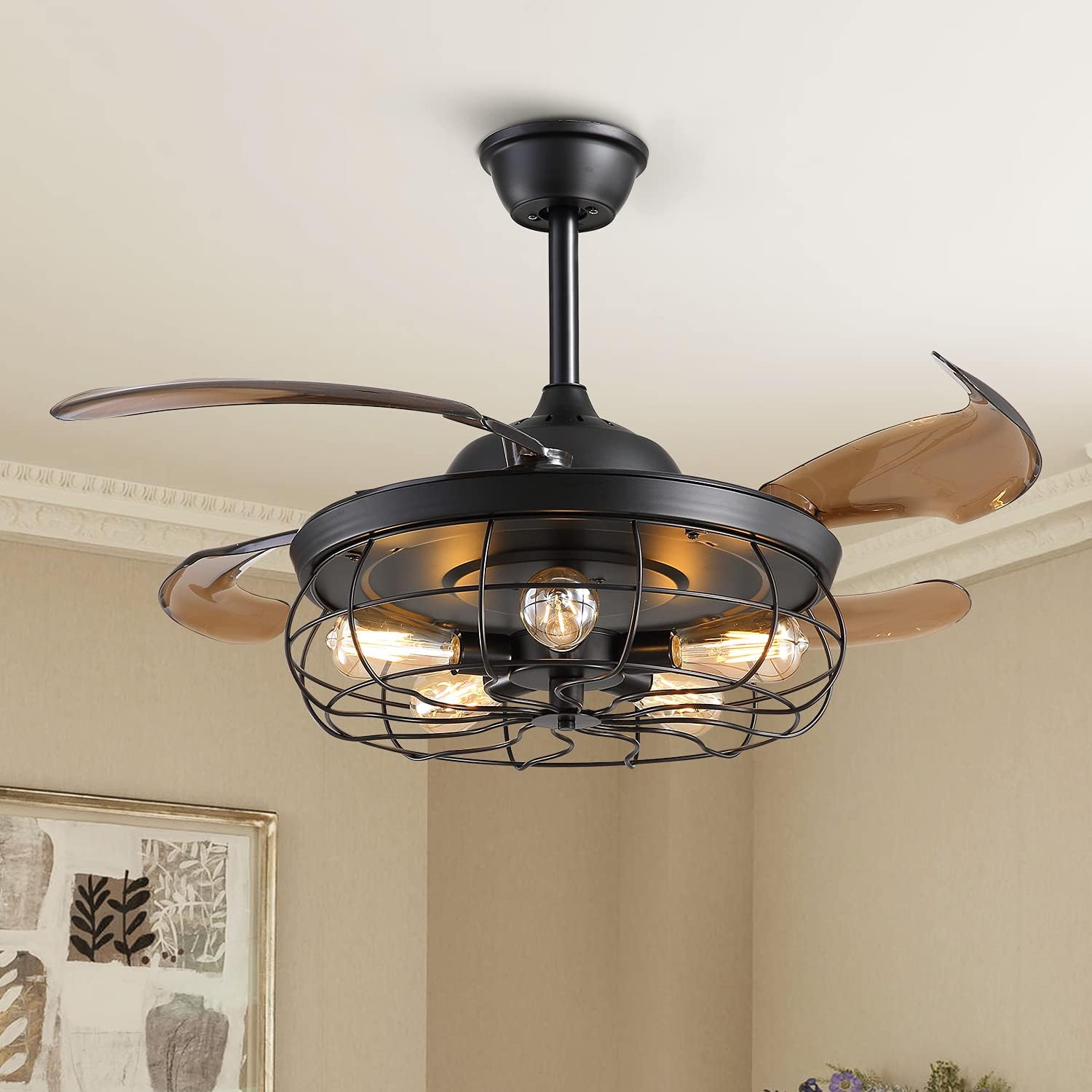 Industrial Ceiling Fan with Light Retractable Black Caged Chandelier 48 Inches F66965