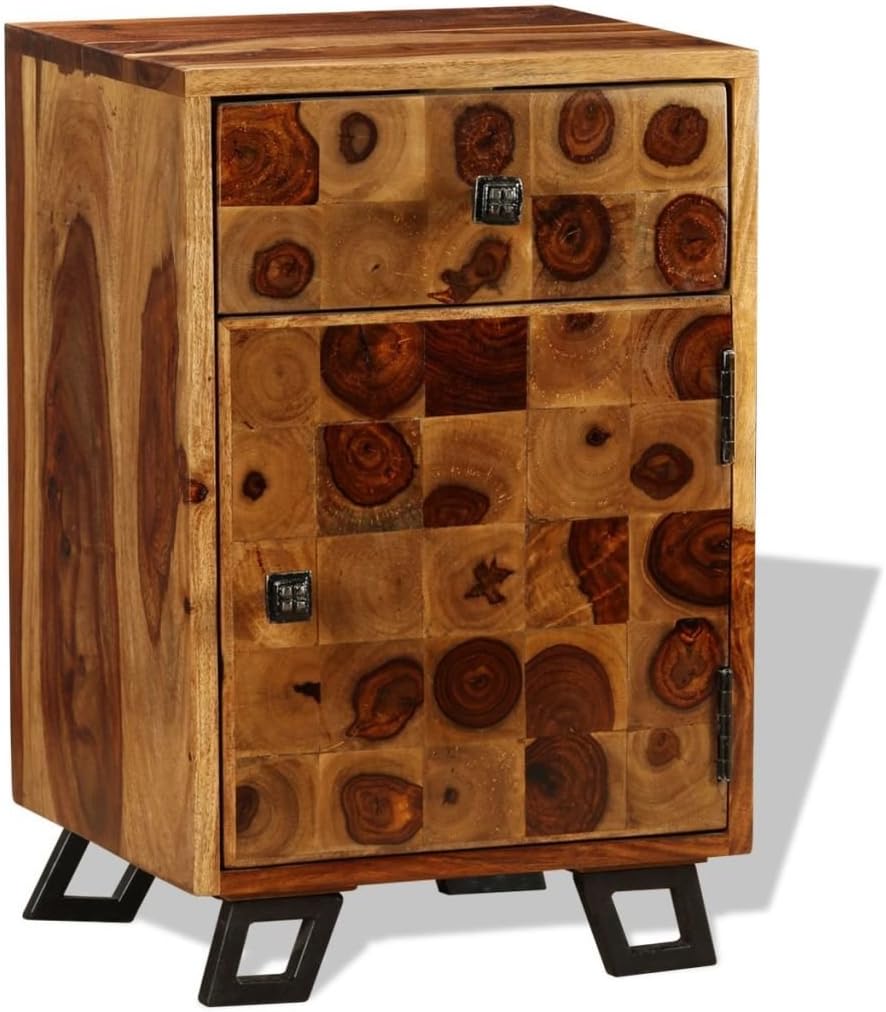Solid Sheesham Wood Nightstand with Iron Legs and Storage Drawer Q29356