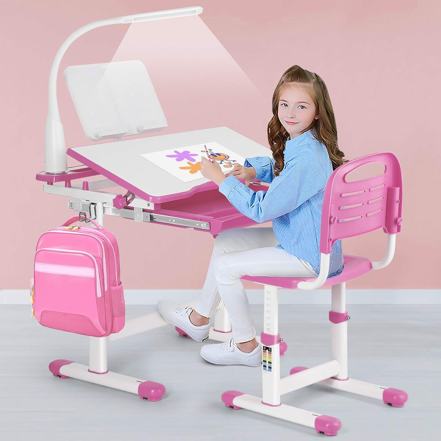 Pink Kids Study Desk and Chair Set with LED Lamp I1040