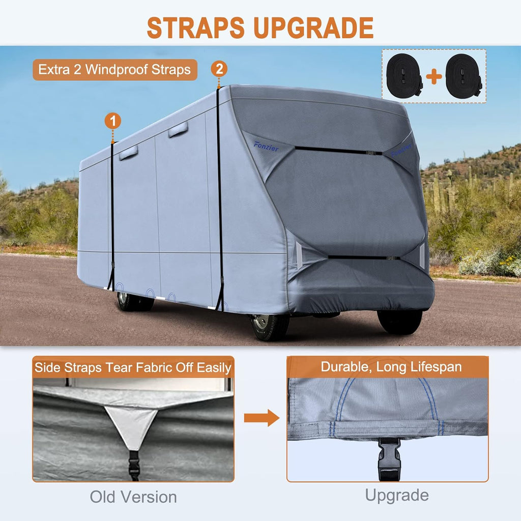 Rip-Stop 210D Class C RV Cover Windproof Waterproof Camper Cover with 2Pcs Extra Long Straps & Gutter Covers Z607