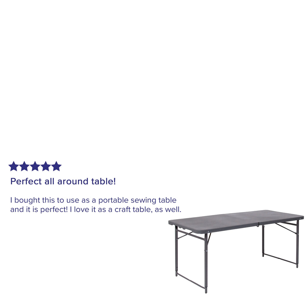 4-Foot Height Adjustable Dark Gray Plastic Folding Table with Carrying Handle E8367