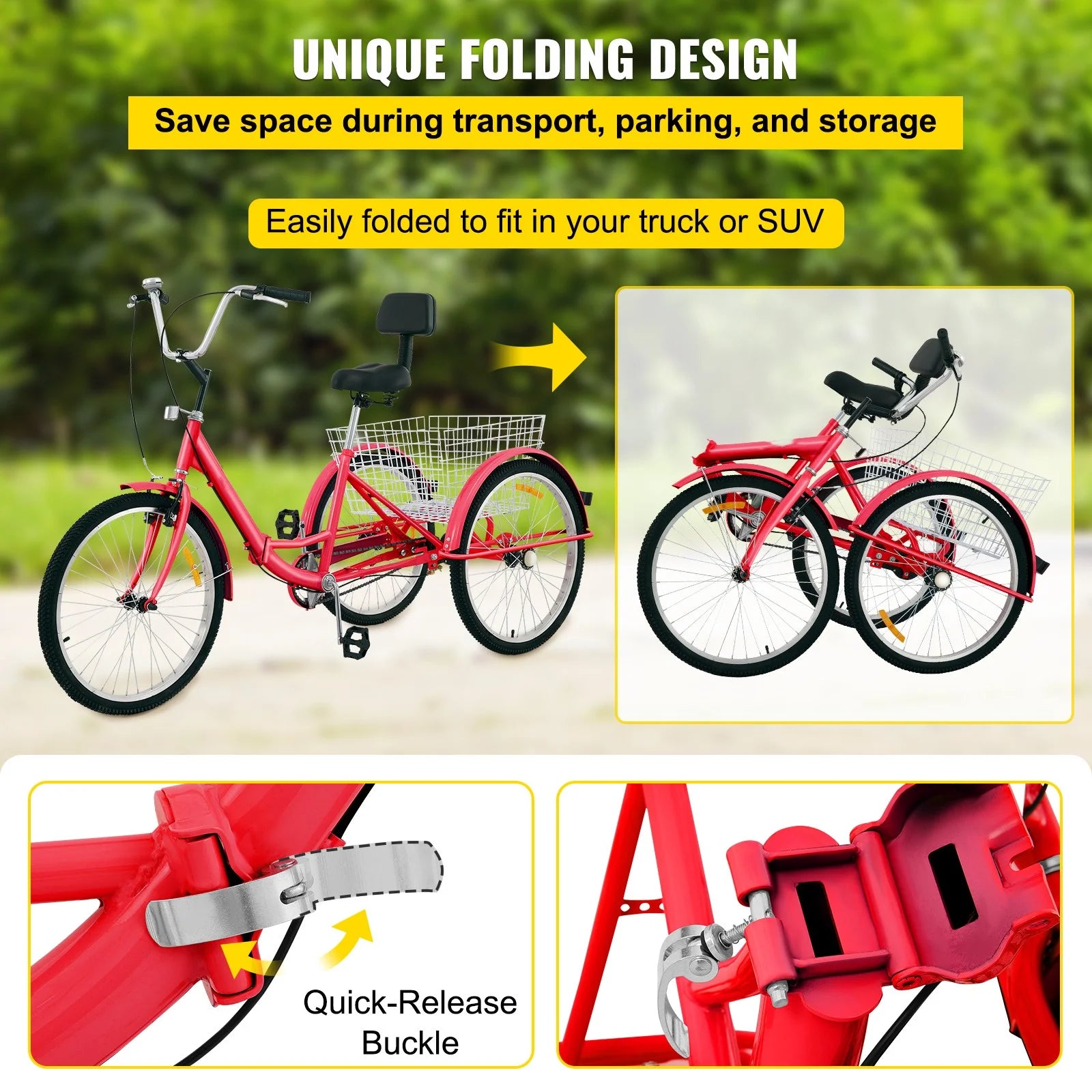 Foldable Adult Tricycle 24'' Wheels 1-Speed 3 Wheel Bikes L5383