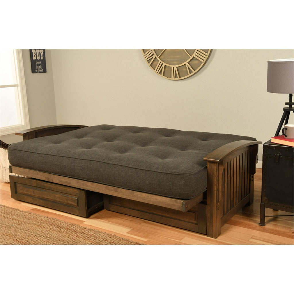 Walnut Futon with Drawers and Suede Peat Mattress K27387