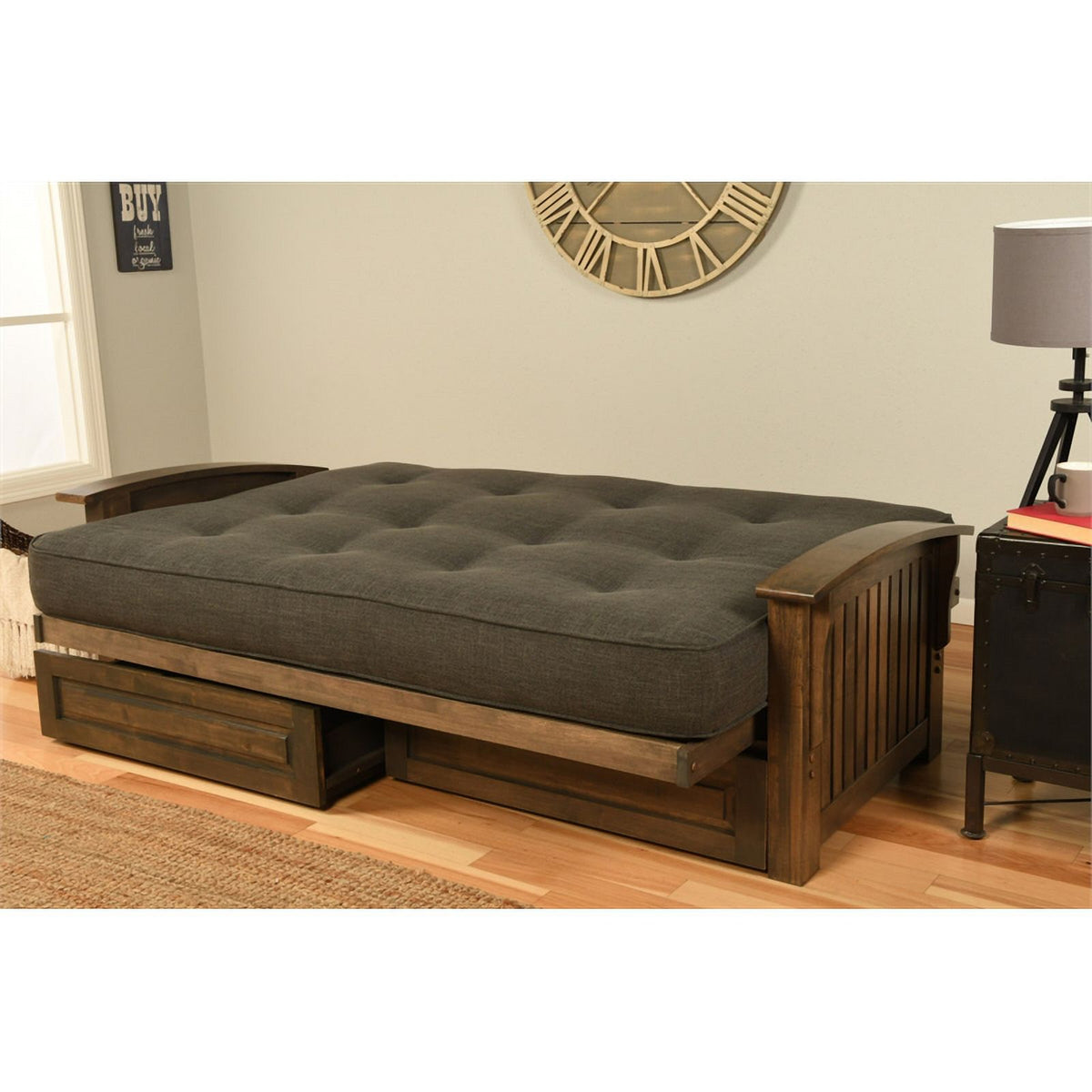 Walnut Futon with Drawers and Suede Peat Mattress K27387
