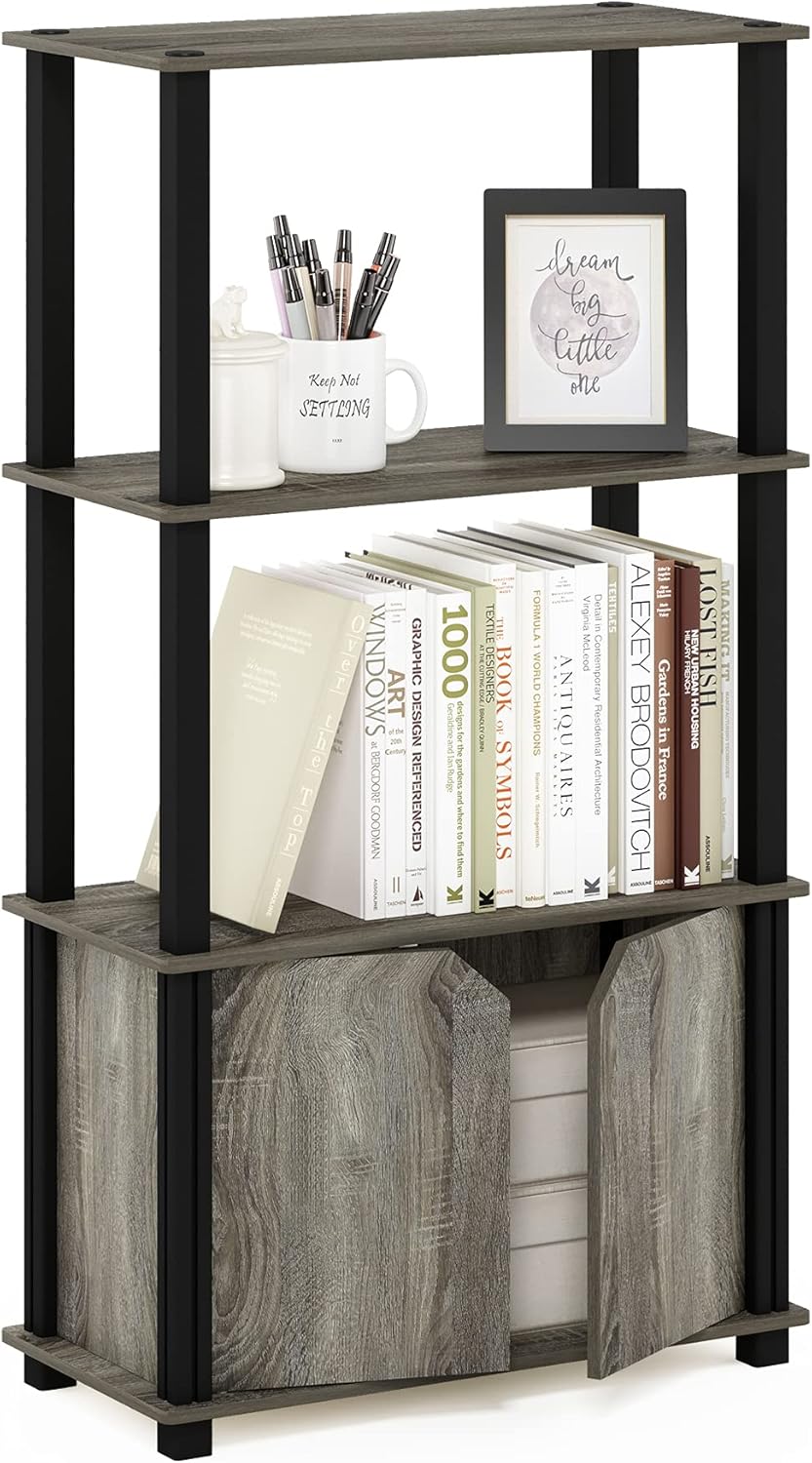 French Oak Grey 4-Tier Bookcase with Door D2539
